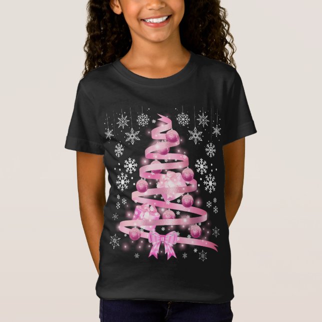 Weiße Schneeflocke Light Pink Ribbon Weihnachtsbau T-Shirt (Vorderseite)