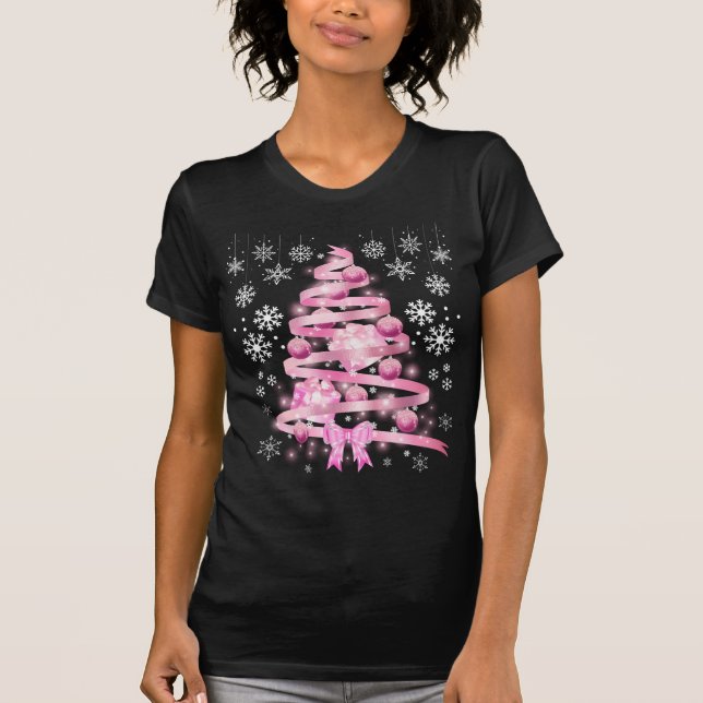 Weiße Schneeflocke Light Pink Ribbon Weihnachtsbau T-Shirt (Vorderseite)