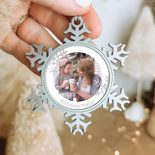 Weiße Schneeflocke mit individuellem Foto-Monogram Schneeflocken Zinn-Ornament