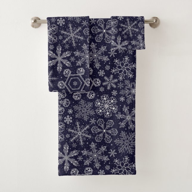 Weiße Schneeflocken auf blau Badhandtuch Set (Insitu)
