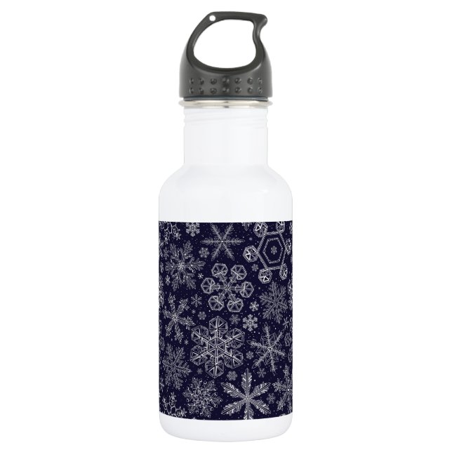 Weiße Schneeflocken auf blau Edelstahlflasche (Vorderseite)