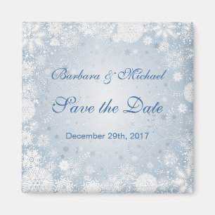 Weiße Schneeflocken auf blau Save the Date Magnet