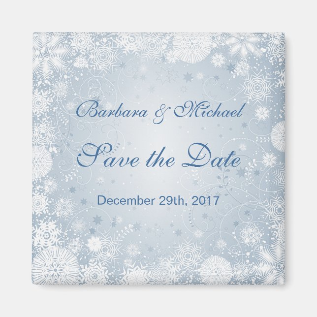 Weiße Schneeflocken auf blau Save the Date Magnet (Vorne)
