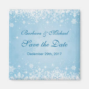 Weiße Schneeflocken auf blau Save the Date Magnet