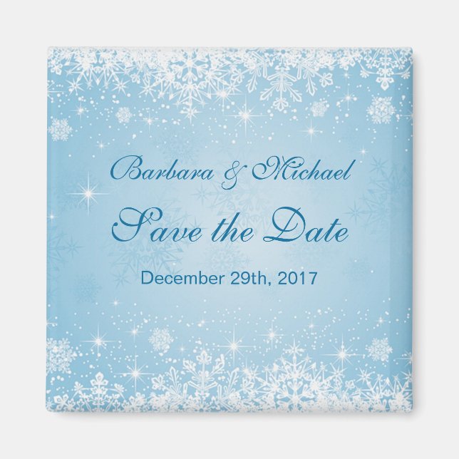 Weiße Schneeflocken auf blau Save the Date Magnet (Vorne)
