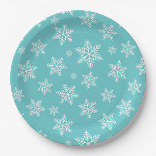 Weiße Schneeflocken auf blauem Wintermuster Pappteller