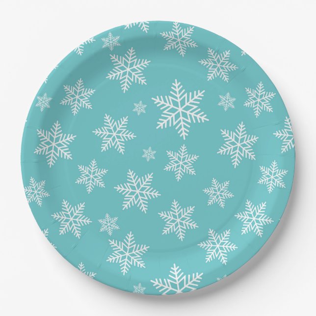 Weiße Schneeflocken auf blauem Wintermuster Pappteller (Vorderseite)