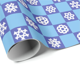 Weiße Schneeflocken auf Blue Grid Geschenkpapier