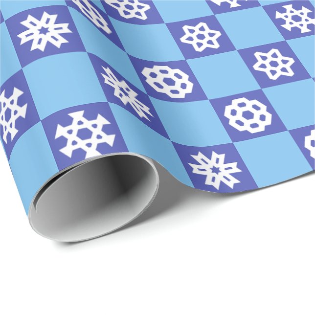 Weiße Schneeflocken auf Blue Grid Geschenkpapier (Rolleneckpunkt)