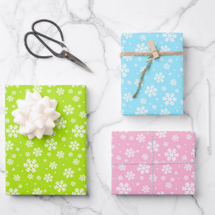 Weiße Schneeflocken auf Grün, Blau & Pink Geschenkpapier Set