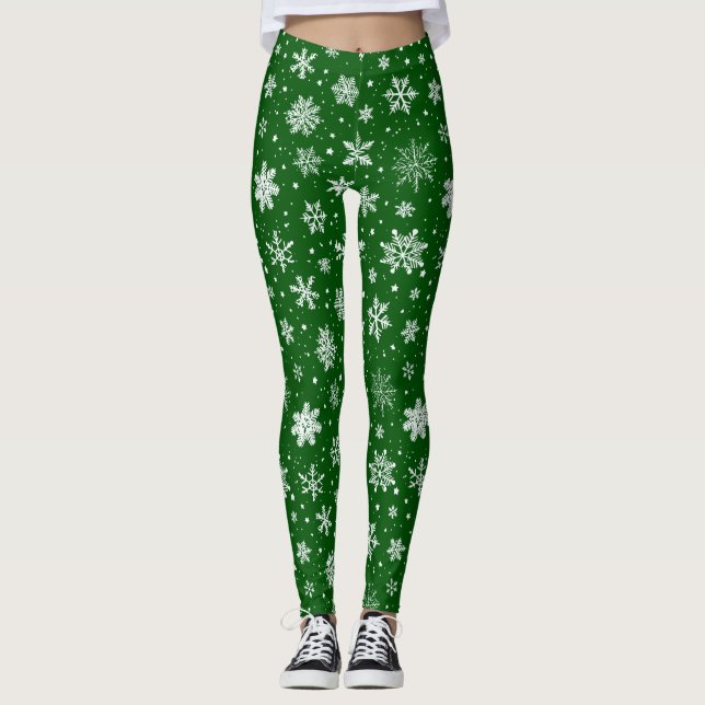 Weiße Schneeflocken auf Grün Leggings (Vorderseite)