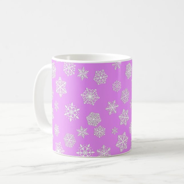 Weiße Schneeflocken auf orchigem Hintergrund Kaffeetasse (Vorderseite Links)