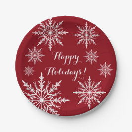 Weiße Schneeflocken auf Red Happy Holidays Pappteller