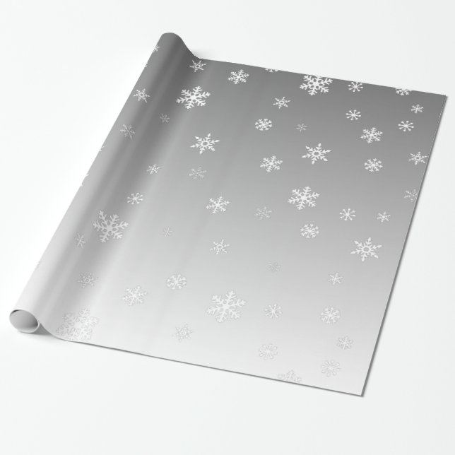 Weiße Schneeflocken auf Silber Geschenkpapier (Ungerollt)