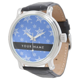 Weiße Schneeflocken, Blau, Ihr Name, Personalisier Armbanduhr