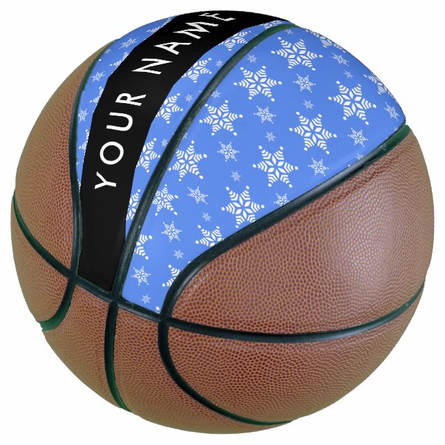 Weiße Schneeflocken, Blau, Ihr Name, Personalisier Basketball (angewinkelt)