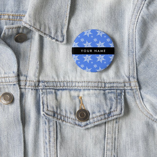 Weiße Schneeflocken, Blau, Ihr Name, Personalisier Button (Beispiel)