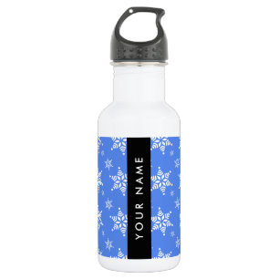 Weiße Schneeflocken, Blau, Ihr Name, Personalisier Edelstahlflasche