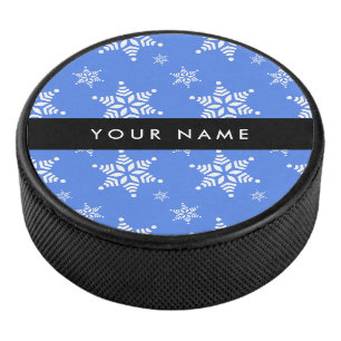 Weiße Schneeflocken, Blau, Ihr Name, Personalisier Eishockey Puck