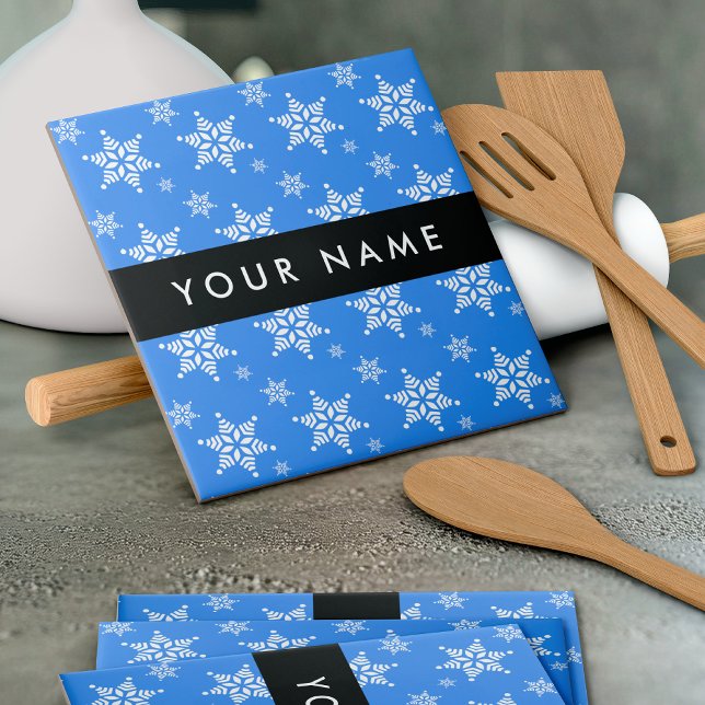 Weiße Schneeflocken, Blau, Ihr Name, Personalisier Fliese (Von Creator hochgeladen)