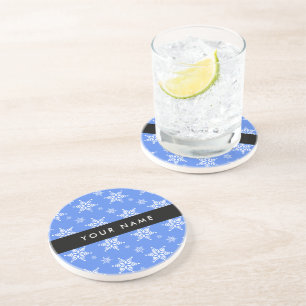 Weiße Schneeflocken, Blau, Ihr Name, Personalisier Getränkeuntersetzer