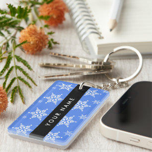 Weiße Schneeflocken, Blau, Ihr Name, Personalisier Schlüsselanhänger