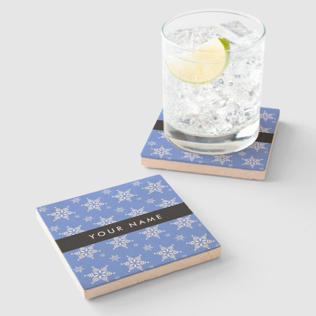 Weiße Schneeflocken, Blau, Ihr Name, Personalisier Steinuntersetzer (Seitenansicht)