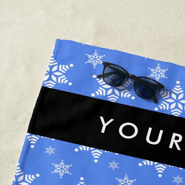 Weiße Schneeflocken, Blau, Ihr Name, Personalisier Strandtuch (Beispiel)