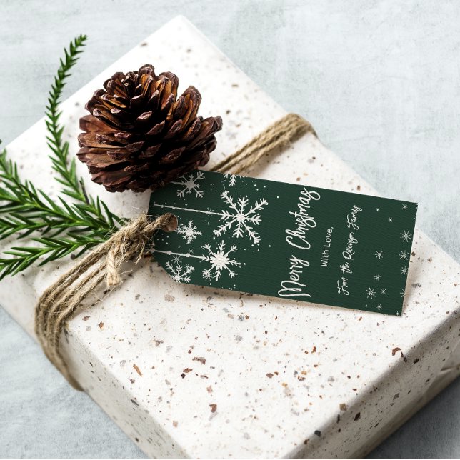 Weiße Schneeflocken elegante grüne Weihnachten Geschenkanhänger (White snowflakes elegant green merry christmas gift tags)