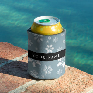 Weiße Schneeflocken, Grau, Ihr Name, Personalisier Dosenkühler