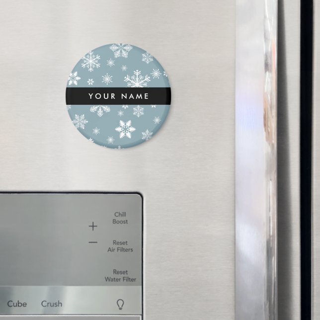 Weiße Schneeflocken, Grau, Ihr Name, Personalisier Magnet (In Situ (Kühlschrank))