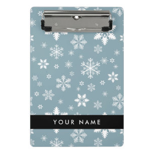 Weiße Schneeflocken, Grau, Ihr Name, Personalisier Mini Klemmbrett