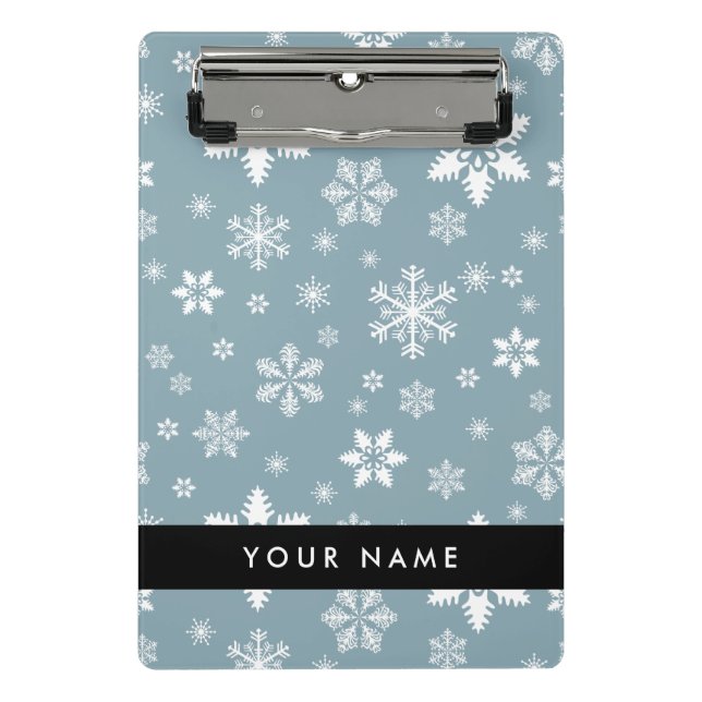 Weiße Schneeflocken, Grau, Ihr Name, Personalisier Mini Klemmbrett (Vorderseite)