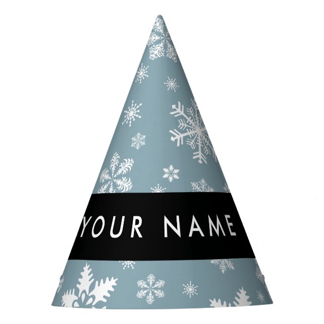 Weiße Schneeflocken, Grau, Ihr Name, Personalisier Partyhütchen (Vorderseite)