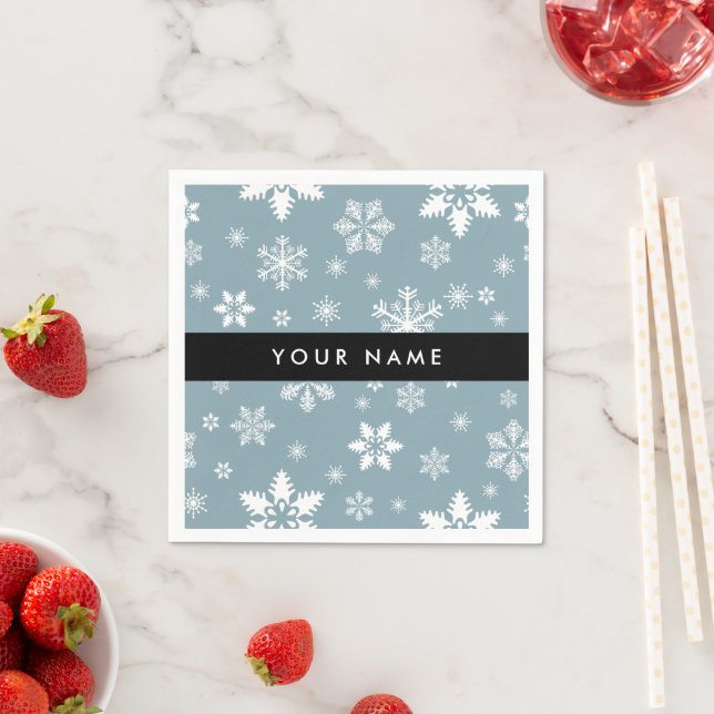 Weiße Schneeflocken, Grau, Ihr Name, Personalisier Serviette (Beispiel)