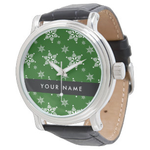 Weiße Schneeflocken, Grün, Ihr Name, Personalisier Armbanduhr
