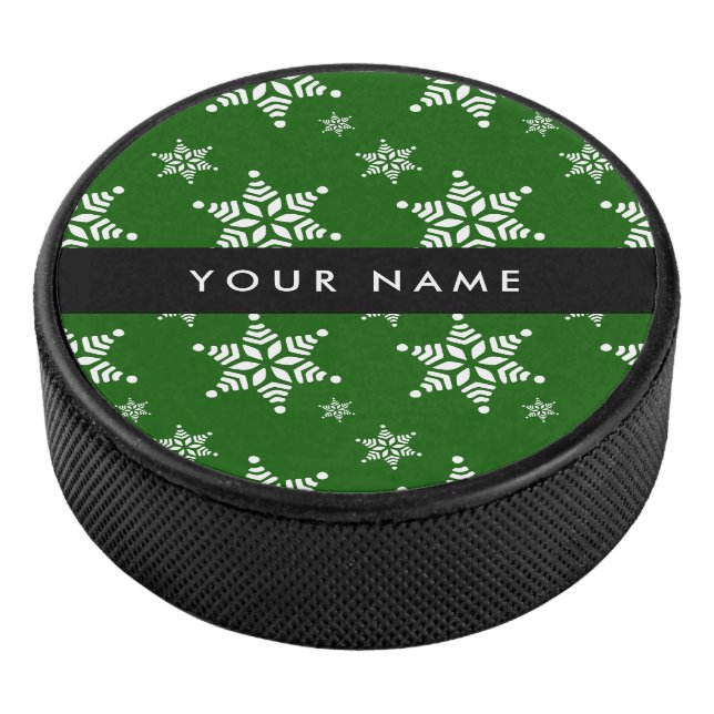 Weiße Schneeflocken, Grün, Ihr Name, Persönlich ge Eishockey Puck (3/4)