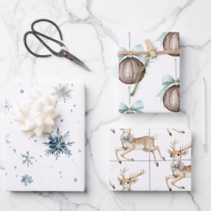 Weiße Schneeflocken-Hirsch-Kokosnussschmuck Geschenkpapier Set