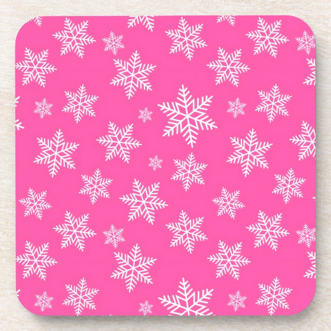 Weiße Schneeflocken im rosa Wintermuster Getränkeuntersetzer (Vorderseite)