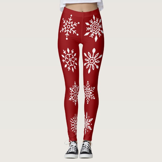 Weiße Schneeflocken im Roten Winter Leggings (Vorderseite)