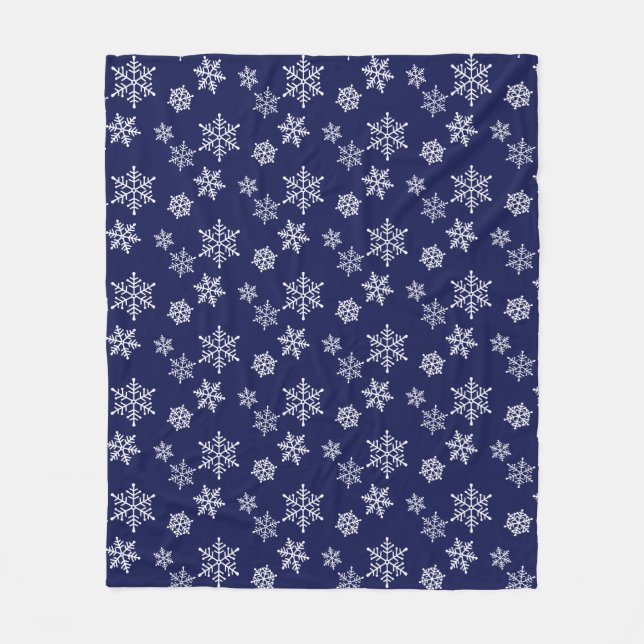 Weiße Schneeflocken in Navy Blue Fleecedecke (Vorderseite)