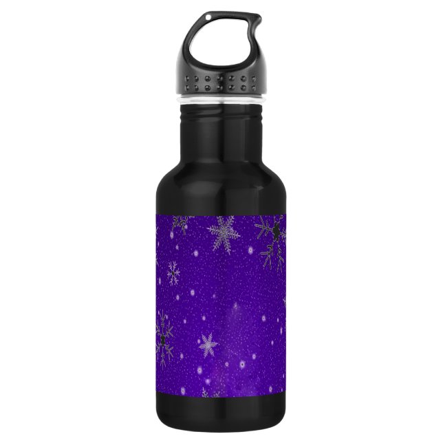Weiße Schneeflocken mit blauem Lila Hintergrund Edelstahlflasche (Vorderseite)