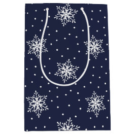 Weiße Schneeflocken mit Polka-Punkten auf Navy Blu Mittlere Geschenktüte