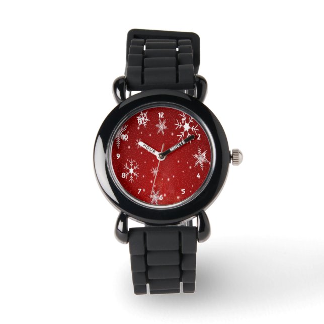 Weiße Schneeflocken mit roter Hintergrundüberwachu Armbanduhr (Vorderseite)