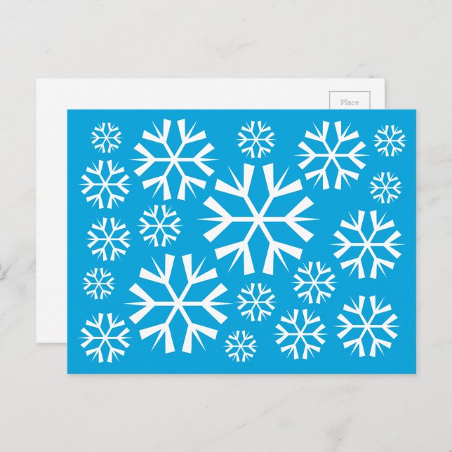 Weiße Schneeflocken Muster auf blauem Hintergrund Postkarte (Vorne/Hinten)