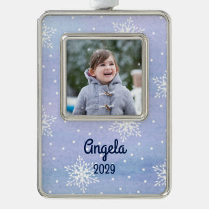 Weiße Schneeflocken Punkte Name Jahr Feiertagsfoto Rahmen-Ornament Silber