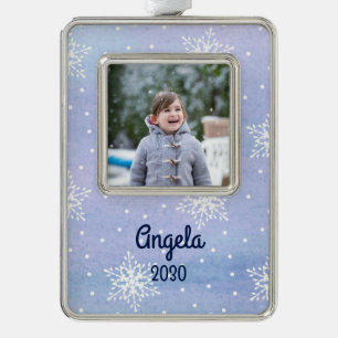 Weiße Schneeflocken Punkte Name Jahr Feiertagsfoto Rahmen-Ornament Silber