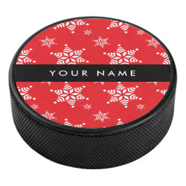 Weiße Schneeflocken, Rot, Ihr Name, Personalisiere Eishockey Puck