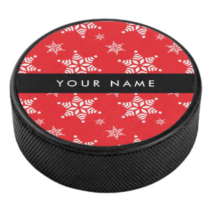 Weiße Schneeflocken, Rot, Ihr Name, Personalisiere Eishockey Puck