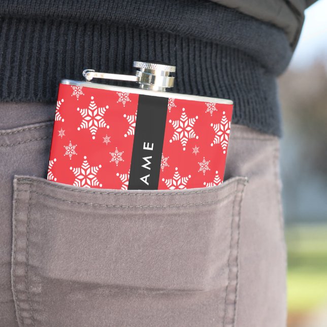 Weiße Schneeflocken, Rot, Ihr Name, Personalisiere Flachmann (Beispiel)